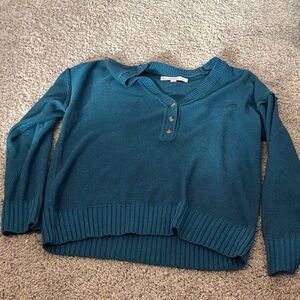 LOFT Teal V-Neck Sweater with Buttons